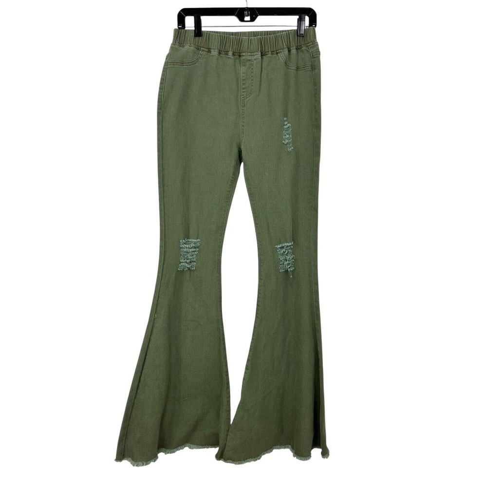 Aaron & Amber Boho Army Green‎ Distressed Flare Pants Womens Sz M High Rise N1